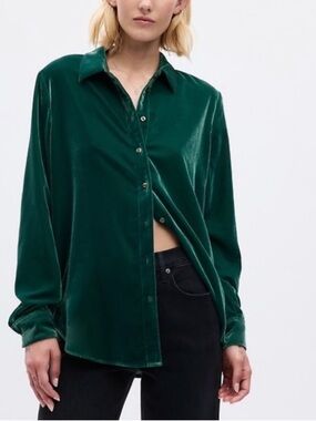 Gap Velvet Velour Boyfriend Button-Up June Bug Green Jewel Tone Shirt Size XS